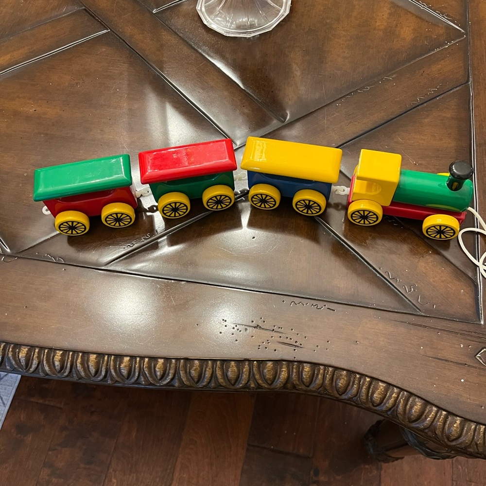 Vintage Wooden Toy Train Kouvalias greece red green yellow pull toy
